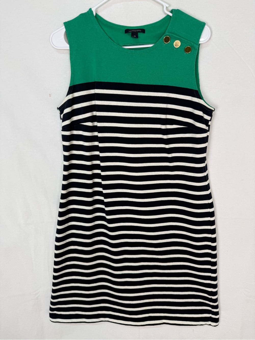 Lands' End Green Yoke Navy & White Striped Sleeveless Shift Dress